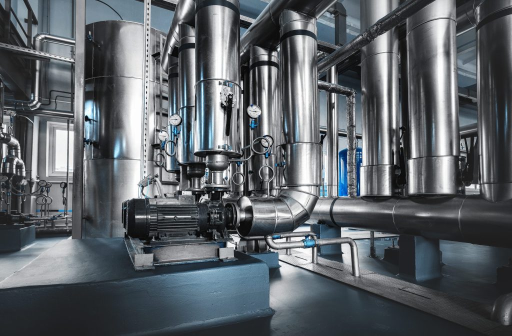 pipe line with steam supply pumps and pressure gauges